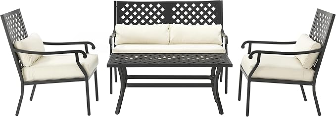 Crosley Furniture Alistair 4-Piece Outdoor Loveseat Patio Furniture Set, Conversation Sets for Porch, Deck, Matte Black with Creme Cushions