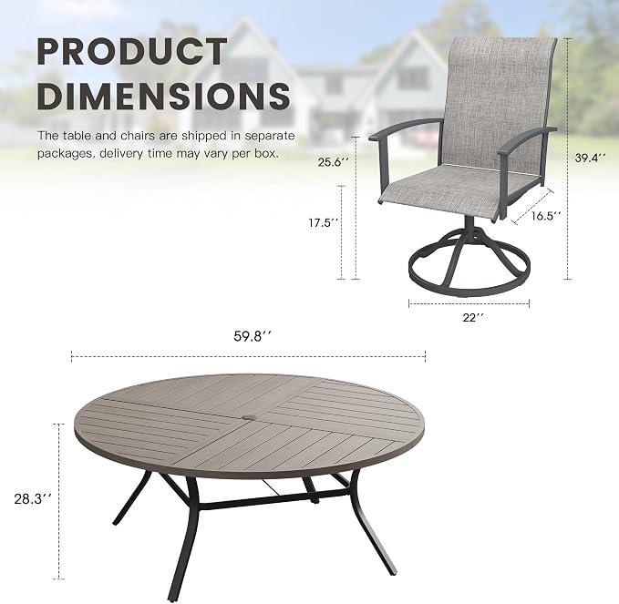 9 Pieces Round Outdoor Table and Chairs Set, Patio Dining Set with 60" Round Spliced Outdoor Table and Patio Swivel Chairs for Backyard Lawn Garden, Grey Table and Grey Chairs