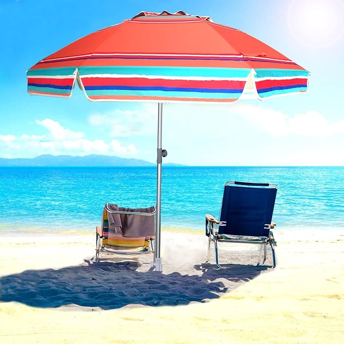 AMMSUN 7ft Heavy Duty HIGH Wind Beach Umbrella with sand anchor Vent Tilt Sun Shelter, UV 50+ Protection Portable Outdoor Sunshade Umbrellas Carry Bag for Patio Garden Pool Backyard Rust Red