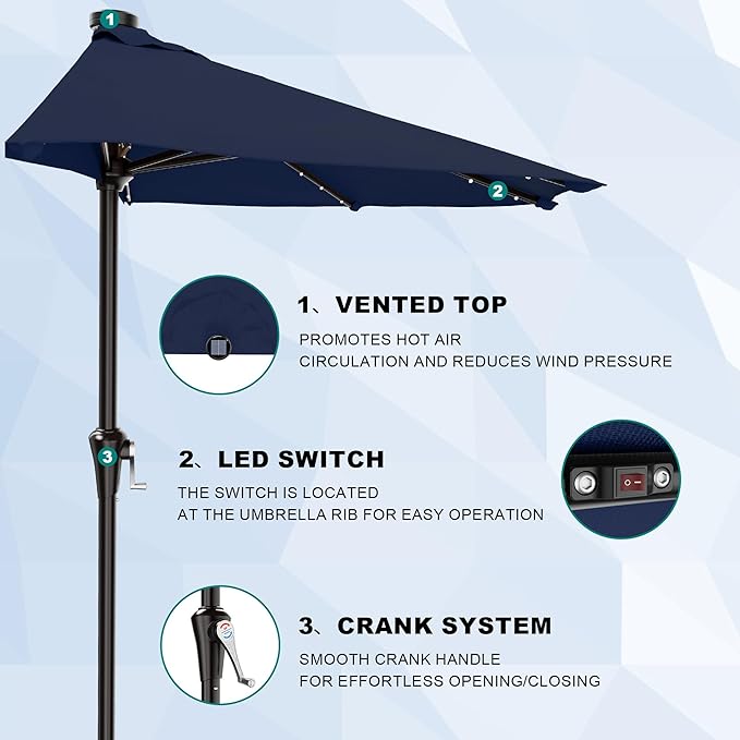 AreShark 9ft Patio Half Umbrellas with Solar Lights, 1/2 LED Half Outdoor Umbrella w/ 20 LED Lights, Lighted Table Wall Umbrella with Crank & 5 Sturdy Ribs for Market, Pool, Deck, Lawn and Garden, Navy