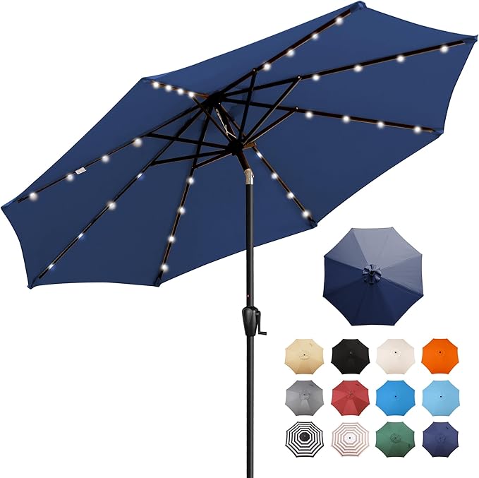 9' Round Patio Umbrella with 32 Solar Powered LED Lights, Push-Button Tilt and Hand Crank Lift, Solar Umbrella in Navy for Porch, Deck, and Patio by Sun-Ray