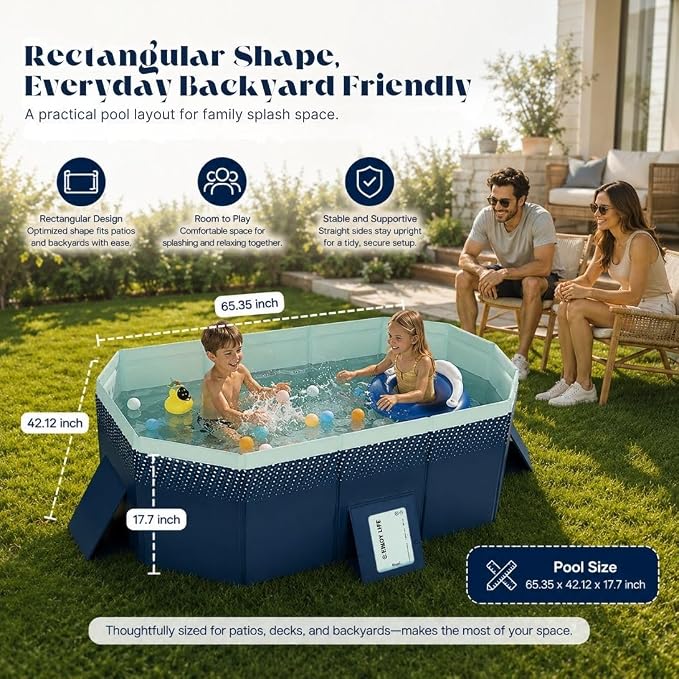 Large Foldable Pool, Non Inflatable Pool with 4-Layer Composite PVC, Sturdy Triangular Support Boards, Double Drains, Foldable Outdoor Pool for Backyard Kids & Adults, 5 Sizes