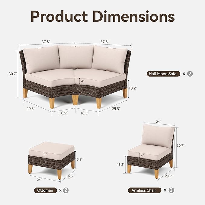 GREEN PARTY 9 Pieces Wicker Patio Furniture Set, All-Weather Outdoor Rattan Half-Moon Curved Patio Sectional Sofa Conversation Set with 4" Thick Cushions for Garden, Backyard, 2 x Ottomans
