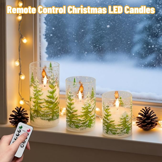 Wondise Rechargeable Christmas Glass Flameless Candles with Remote Timer, Battery Operated LED Real Wax 3D Wick Candles with Charging Base, Set of 3 Christmas Home Decoration Gifts(3 x 4 5 6 Inch)