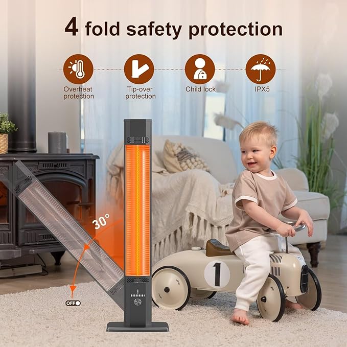 Outdoor Patio Heater with 9 Heat Levels,Space Heater for Garage Backyard Room Indoor,1500W Fast Electric Infrared Heater,9H Timers,Waterproof,Child Lock,Black Large