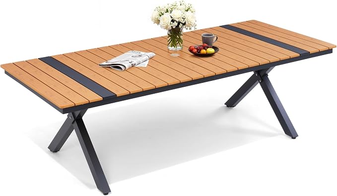 Pellebant 94" Outdoor Dining Table for 8-10, 8ft Aluminum Patio Table with Umbrella Hole, Weather Resistant Teak Wood Grain Tabletop and Sturdy Frame for Deck, Porch, Backyard