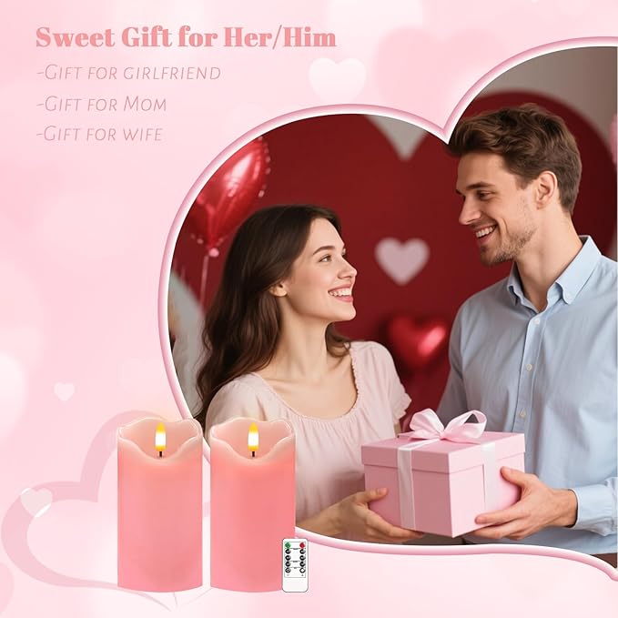 VEEKI Flameless Candles Light, Set of 2 6"x3" Flickering LED Candle with Remote & Timer, Dimmable Electric Pillar Candles Battery Operated, Pink Candles for Valentine's Day Xmas Home Decor (2PC)