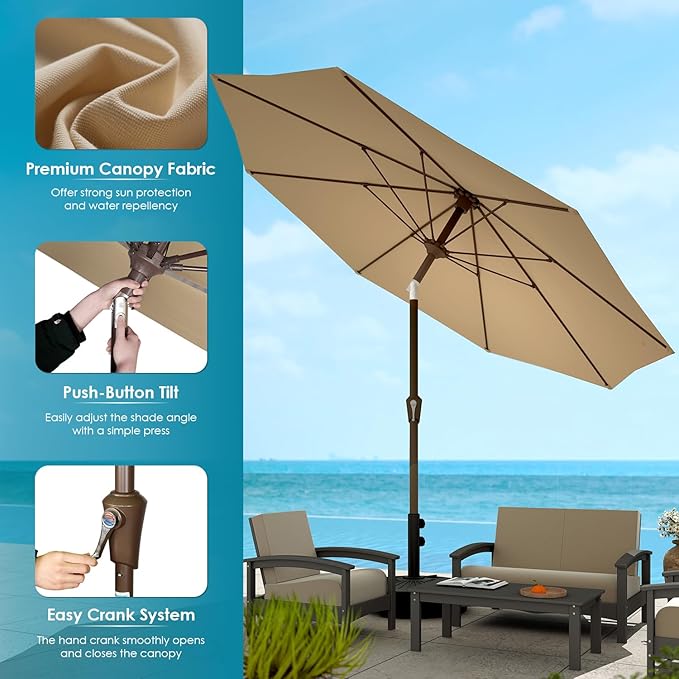 GREENVINES 9-FT-Patio-Umbrella | Outdoor-Table-Umbrellas | 8 Sturdy Fiberglass Ribs | Push Button Tilt & Crank | Waterproof | Market Umbrella | for Pool Backyard Garden Deck | Tan