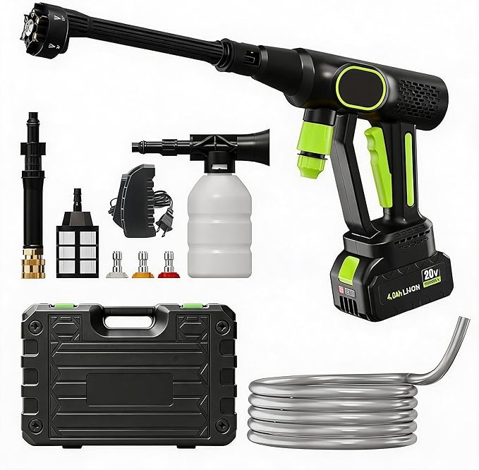 20V Cordless Pressure Washer, 320 PSI 2.5 GPM Portable Power Cleaner with 4.0Ah Battery, 6-in-1 Nozzle, 23ft Hose, Foam Cannon, for Car Patio Yard Cleaning