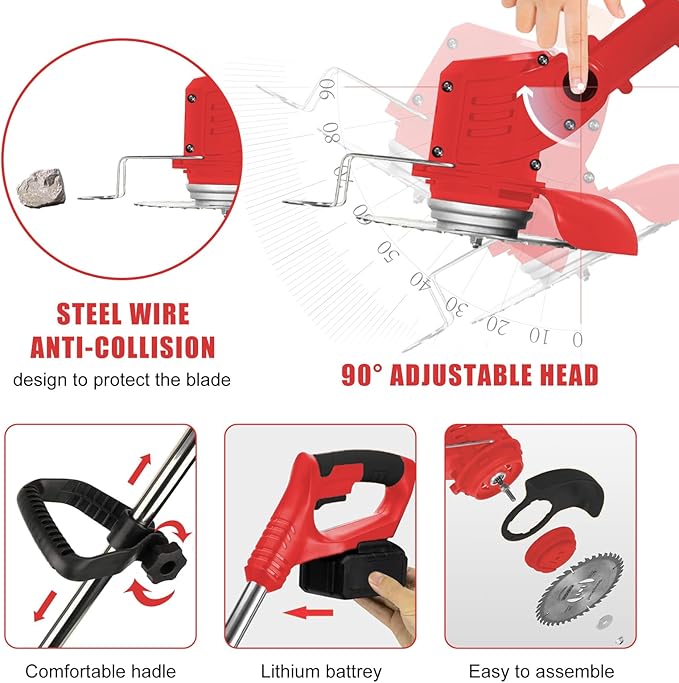 21V Electric Weed Wacker Cordless String Trimmer Battery Powered Grass Trimmer with 90° Adjustable Head 2 X 2.0Ah Battery and Charger Lightweight Brush Cutter Edger Lawn for Garden Yard,Red
