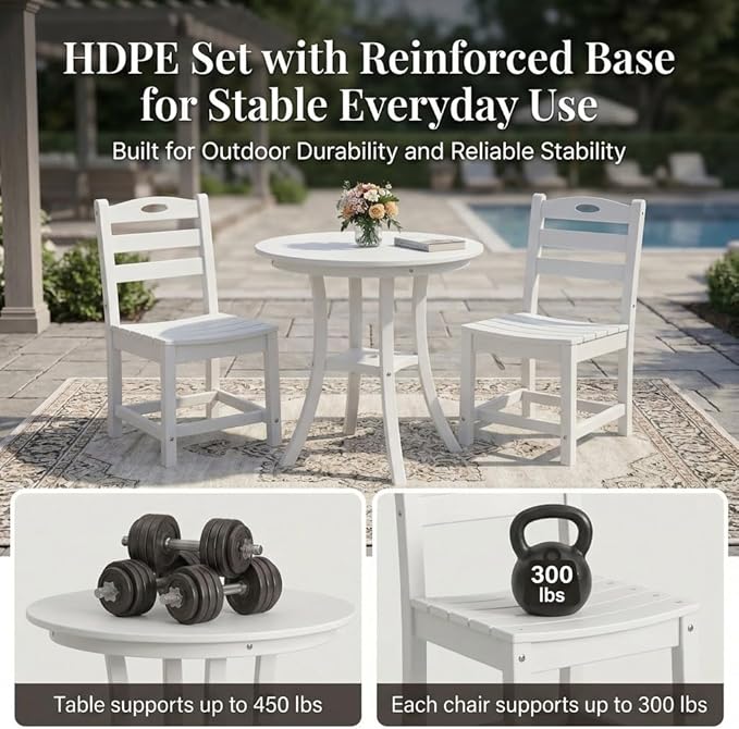 3-Piece Outdoor Round Table Set with Unberalla Hold, Patio Bistro Dining Set, Round Dining Table with 2 Slatted Chairs HDPE All Weather Balcony, Lawn, Poolside White