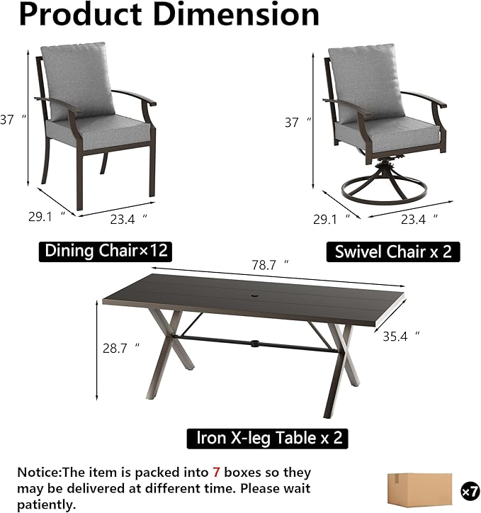 Kullavik 14PCS Outdoor Dining Set,Patio Dining Table and Chairs Set for 12,Fence Pattern Back Chairs with Thickened Cushions & Rectangular Metal Dining Table with Umbrella Hole for Patio,Grey