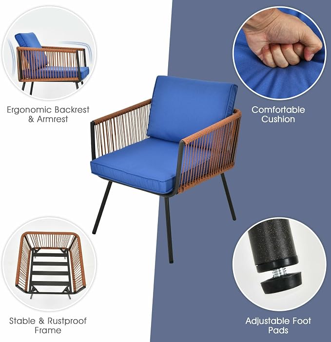 MARURY 3PC Patio Birsto Furniture Set, Outdoor Conversation Set, Cushioned Sofa Armrest Coffee Table Blue, for Porch, Garden, Balcony