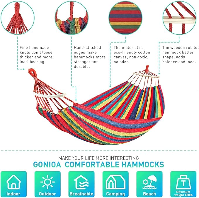 Double 2 Person Cotton Fabric Canvas Travel Hammocks 450 Lbs Ultralight Camping Hammock Portable Beach Swing Bed with Hardwood Spreader Bar Tree Hanging, 280 x 100 cm, Red
