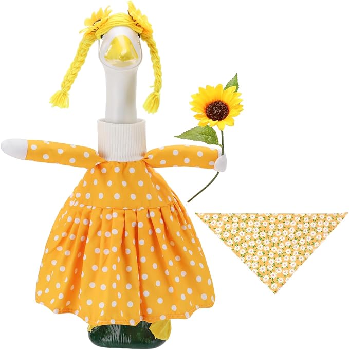 4pcs Sunflower Porch Goose Outfit for 23 Inch Geese Lawn | Summer Porch Goose Clothes with Polka Dot Dress Floral Bandana Yarn Braid Wig Sunflower Prop for Patio Yard Decor
