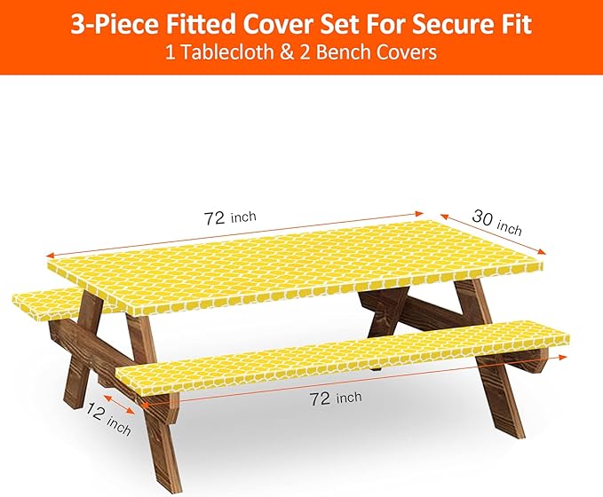 KENOBEE 6ft Picnic Table and Bench Cover, Camping Essentials RV Gear, 72in Waterproof Windproof Outdoor Elastic All Around Tablecloth, Fitted Rectangle Tables and Seats, Yellow-White Moroccan