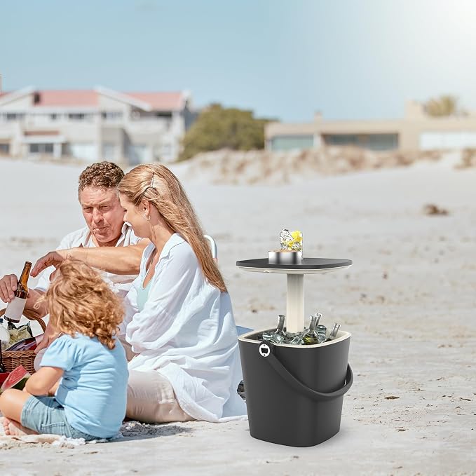 ROJIK 3-in-1 Resin Ice Bucket & Beverage Cooler – Wood Look Patio Table, UV Protection & Drain Plug for Outdoor Parties, Bars, and Poolside Use