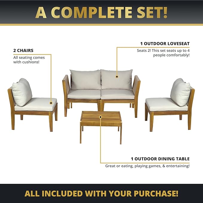 Kinger Home Steven 5-Piece Acacia Wood Outdoor Patio Furniture Set with Cushions Stylish and Durable Compact Wood Patio Furniture Set for Gardens, Decks, and Balconies
