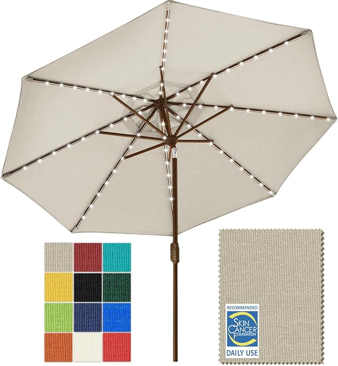 EliteShade USA 10-Year-Non-Fading 9ft Market Patio Umbrella, Commercial Grade Table Sun Umbrella with 80 Solar LED Lights, Crank Open, Windproof & UPF 50+ UV Protection for Garden, Deck, Pool, Backyard, Antique Beige