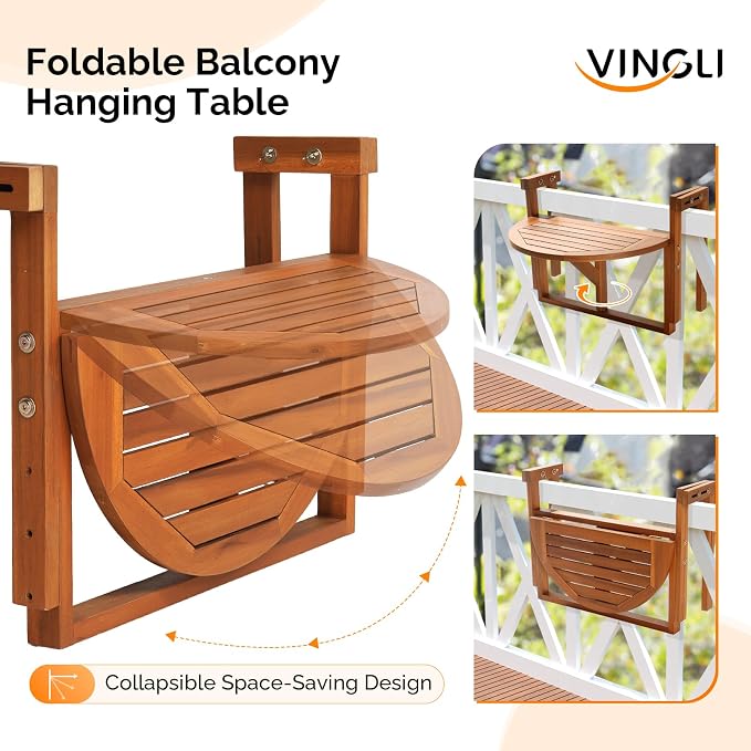 VINGLI 22in Acacia Wood Folding Balcony Hanging Table – Adjustable Height & Width, Balcony Railing Table Ideal for Different Railing Widths,Perfect for Balcony,Patio,Semicircular,Natural Wood Color