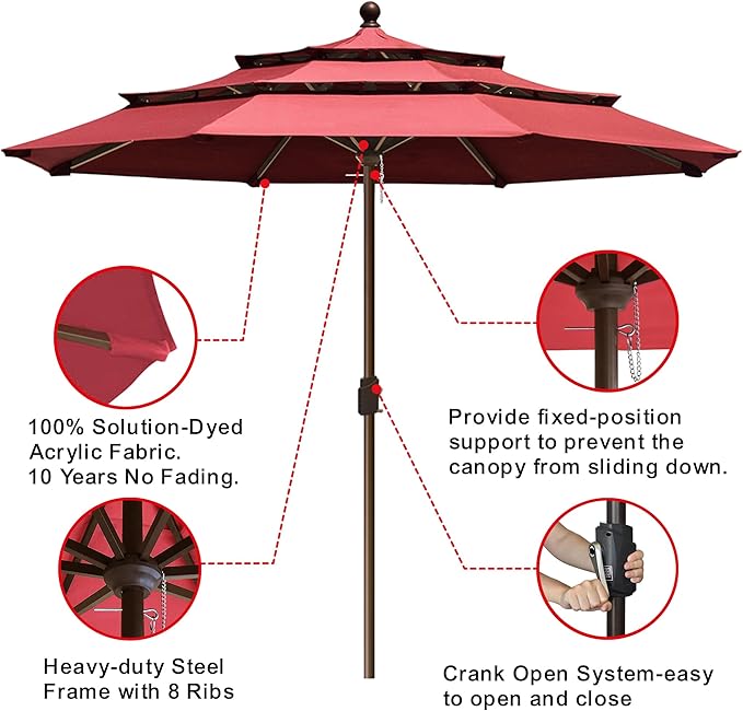 EliteShade USA 10-Year-Non-Fading 11ft 3-Tier Market Patio Umbrella, Commercial Grade Outdoor Table Umbrella with Crank Open, Windproof & UPF 50+ UV Protection, Heavy Duty Ventilation for Garden, Deck, Pool, Backyard, Beach & Bistro, No Tilt, Burgundy