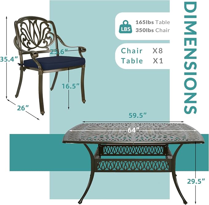 MEETWARM 9-Piece Outdoor Furniture Dining Set for 8, All Weather Cast Aluminum Patio Dining Set- Large 64" Square Table with Umbrella Hole and 8 Cushioned Chairs, Patio Table and Chairs Set, Navy Blue
