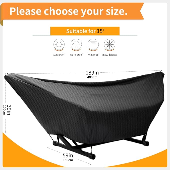 Hammock Cover Waterproof,10-15FT Outdoor Hammock Covers with Elastic Ropes,Adjustable Buckle and Zip,420D Oxford HammockBeds Cover for Garden,Patio,Beach Hammocks Stand (Black, 15FT)