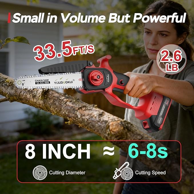 Mini Chainsaw Cordless 8inch, Portable Electric Chainsaw With Batteries,Small Handheld Battery Powered Chain Saw for Tree Trimming, Wood Cutting, Garden Pruning-Red