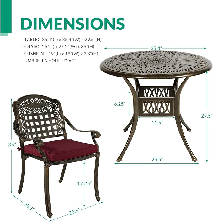 VIVIJASON 3-Piece Outdoor Patio Bistro Set, All-Weather Cast Aluminum Furniture Dining Sets Include 2 Cushioned Chairs and 35.4" Round Table w/Umbrella Hole for Balcony, Garden, Backyard, Red Cushion