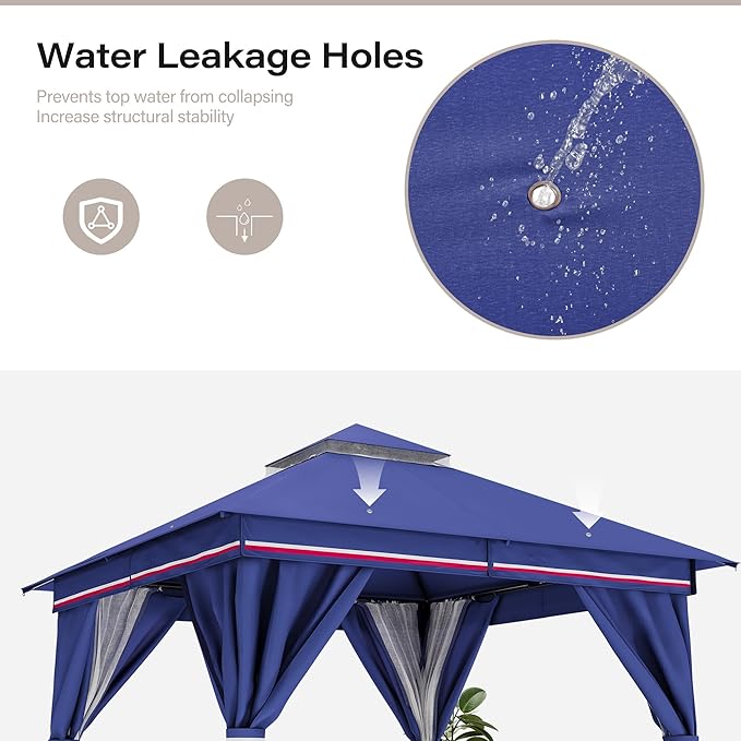 LAUSAINT HOME Patio Gazebo 10'x10', with 50ft Lights Outdoor Heavy Duty Party Tent Shelter with Double Roofs, Mosquito Nettings and Privacy Screens for Backyard, Garden, Lawn, Classic Blue