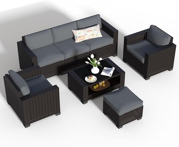 SHGJ&SOFT 7 Piece Patio Furniture Set, Wicker Outdoor Sectional Sofa with Washable Cushion Covers and Tempered Glass Table, Rattan Conversation Set for Poolside