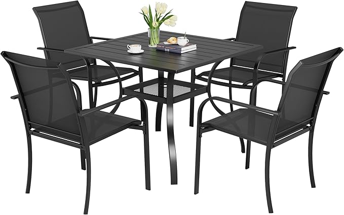 5-Piece Patio Dining Set,4 Person Outdoor Table and Chairs Set, 4 Metal Dining Chairs and Square Outdoor Table with 1.57" Umbrella Hole,Black