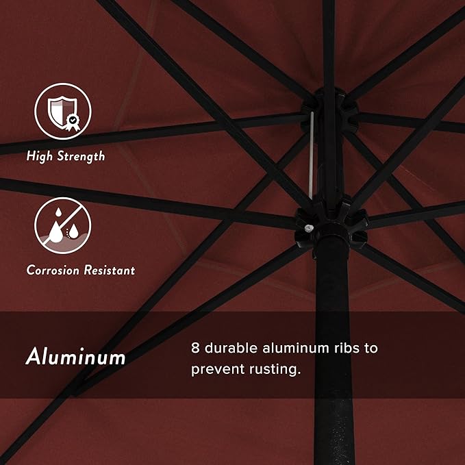California Umbrella 12-Year Protection 9' Rd Aluminum Patio Umbrella, Crank Lift, Auto Tilt, Black Finish, Sunbrella Jockey Red