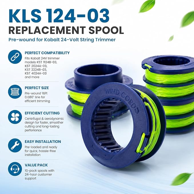 10 Pack KLS 124-03 Replacement Spool 0.080" 16Ft Compatible with Kobalt 24-Volt Max KST 1124B-03, KST 2024A-03, KST 2224B-03, KST 4024A-03 Trimmer, Item 1504979, 1137837 Dual-Line