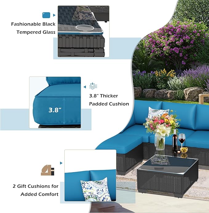 U-MAX 7 Piece Outdoor Patio Furniture Set, PE Rattan Outdoor Wicker Sectional Furniture Chair Set with Cushions and Tea Table, Black Rattan and Peacock Blue Cushion