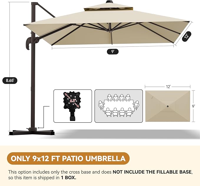 GENTEACO 9x12FT Cantilever Patio Umbrella, Double Top Rectangle Offset Umbrella 7 Angle Tilts & 360° Rotation, Large Heavy Duty Outdoor Sun Umbrella for Pool Market, Beige