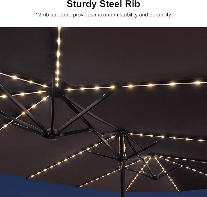 PURPLE LEAF 13ft Patio Market Umbrella with Solar LED and Base Double-Sided Rectangle Outdoor Table Sun Umbrellas with Crank for Pool Beach Deck Backyard Gray