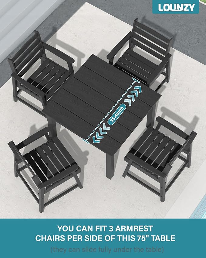 LOUNZY 5-Piece HDPE Patio Dining Set - Outdoor Square Table with 2" Hole Cut-Out & 4 Chairs,Black