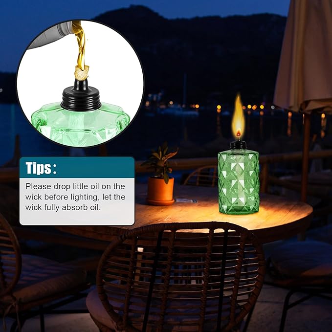 Glass Table Top Torch, Outdoor Torch Canisters 12 oz,Refill Canister with Wicks and Covers, Patio Metal Torch for Luau Party, DIY Garden Decor (4 Packs) (Green)