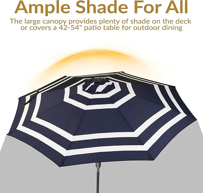 Sunnydaze 9 ft Striped Patio Umbrella with Solar Lights - Polyester LED Table Market Umbrella with Tilt and Crank - Navy Blue Stripe