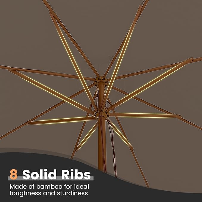 Tangkula 10FT Patio Umbrella, Outdoor Table Market Umbrella w/8 Wooden Ribs, 3 Adjustable Heights, Rope Pulley System, Detachable Pole, Wooden Patio Umbrella for Garden, Poolside, Backyard (Tan)