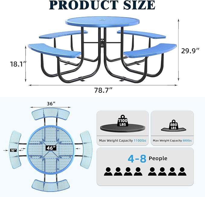 KEIKI 78.7" Heavy-Duty Metal Picnic Table w/2.05" Umbrella Hole, Round Commercial Outdoor Steel Table for 4–8 People, 2.5mm Mesh Top, Rust-Resistant Coating, Patio Backyard Park Dining Furniture, Blue