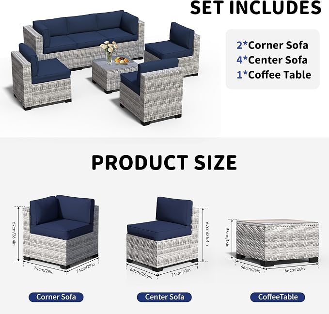 YLGJ&TIDY 7-Piece Outdoor Sectional Patio Furniture Set, All-Weather Wicker Rattan Sofa w/Thick Washable Cushions & Tempered Glass Table, Perfect for Garden, Poolside, Backyard (7, Gray White&Blue)
