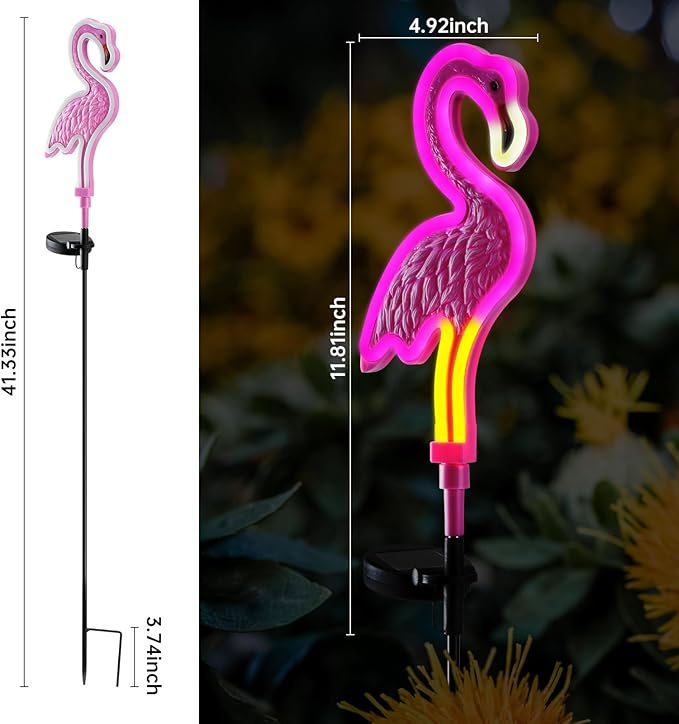 Solar Flamingo Lights,Pink Neon Flamingo Solar Lights,Outdoor Garden Decor,Gift for dad,Housewarming Gift,Decorative Outdoor Light for Yard (2 Pack)