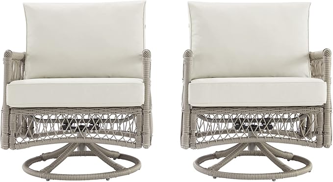 Crosley Furniture Thatcher 2-Piece Swivel Rocker Outdoor Chair Set, Wicker Patio Chairs for Porch, Deck, Driftwood with Creme Cushions