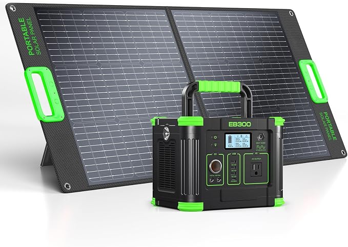 Portable Power Station 300W with 100W Portable Solar Panel, 288Wh Solar Generator with 60W USB-C PD Output, 110V Pure Sine Wave AC Outlet, Backup Lithium Battery for Outdoors Camping Travel Home Black