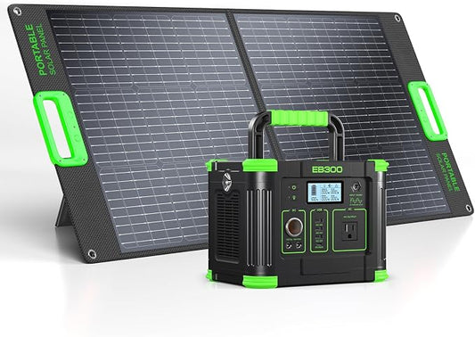 Portable Power Station 300W with 100W Portable Solar Panel, 288Wh Solar Generator with 60W USB-C PD Output, 110V Pure Sine Wave AC Outlet, Backup Lithium Battery for Outdoors Camping Travel Home Black