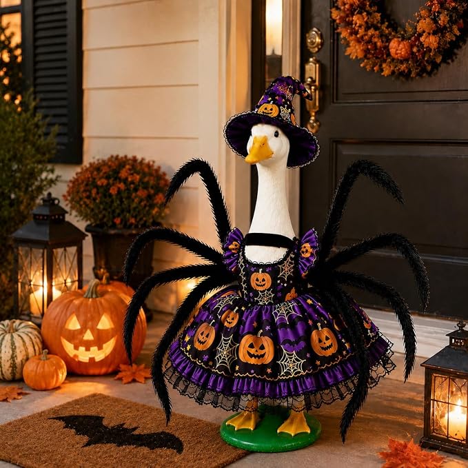 Halloween Porch Goose Outfits for 23'' Lawn Geese Statue, Pumpkin Porch Goose Outfit Costume with Dress Witch Hat Spider Wing, Outdoor Garden Goose Decor for Patio Yard Lawn Halloween Ornament