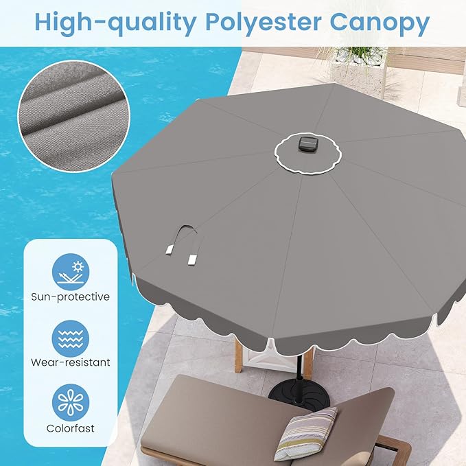 HAPPYGRILL 10 FT Patio Umbrella with Solar Lights, Market Sunshade with Ruffles, Vented Top, Tilt Adjustment & Built-in Crank, Outdoor Parasol Canopy for Backyard Poolside Deck Beach Lawn