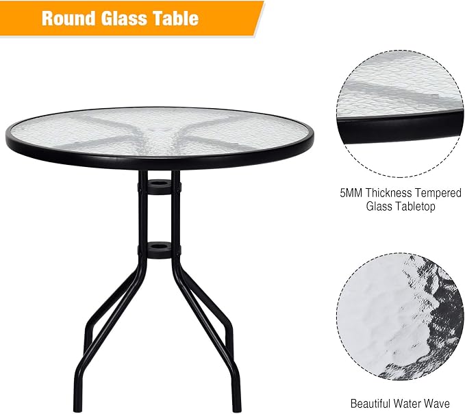 S AFSTAR Outdoor Bistro Table, Tempered Glass Patio Table with Convenient Umbrella Hole, Outside Dining Table, Round Patio Bistro Table for Deck Balcony Lawn Pool Backyard, 28”H x 32” D (Black)